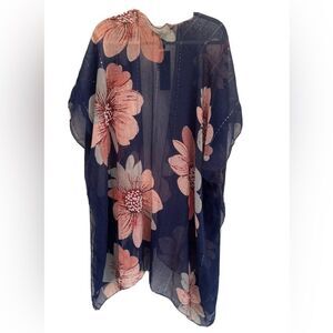 Adrienne Vittadini Lightweight semi sheer Duster Kimono blue large floral OS